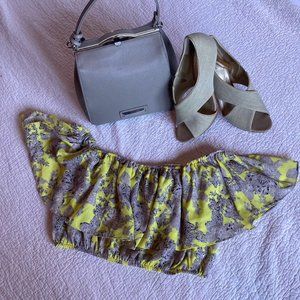 Lucy Paris Yellow & Gray Floral Ruffle Off Shoulder Crop Top sz M